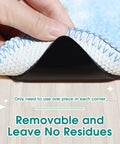 Hand lifting rug corner showing 12 Plus 2 Pcs Rug Gripper Set With Double Sided Rug Pads For Hardwood Floors, doesn't leave residue