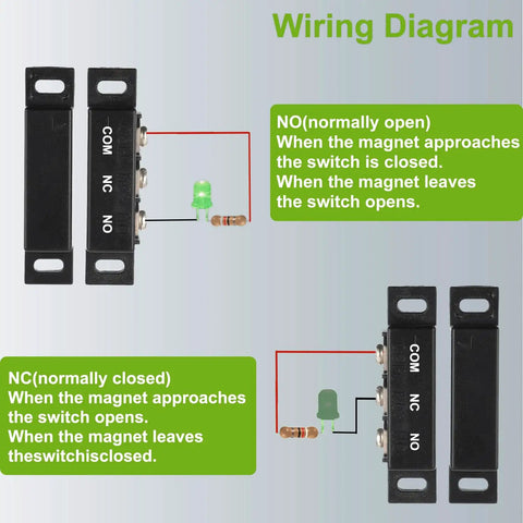 Wiring diagram for Magnetic Reed Switch NC NO Proximity Switch For Door Alarm And Window Safety with surface mount components.