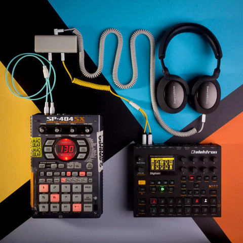 MickXer 5 Way Passive Mixer With Noise Filtering Go Faster Red with audio equipment, headphones, and colorful background.