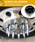 Close-up of 20 Pack Chrome Spike Lug Nut Covers For Semi Trucks 33mm Thread On ABS Plastic Rust Resistant Screw On Nut Covers With Sharp Spikes And That High Gloss Chrome Vibe on truck wheel.