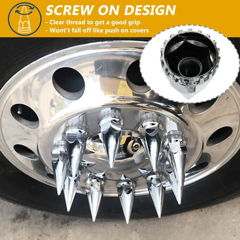 Close-up of 20 Pack Chrome Spike Lug Nut Covers For Semi Trucks 33mm Thread On ABS Plastic Rust Resistant Screw On Nut Covers With Sharp Spikes And That High Gloss Chrome Vibe on truck wheel.