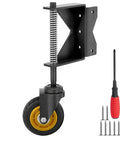 Front view of 4 Inch Gate Wheel With Spring Loaded Absorbing Solid Rubber Tire For Wooden Fence Gates 260 Lbs Capacity No Tools Needed For Quick Mount Includes Screws And Screwdriver Black Left Orientation.