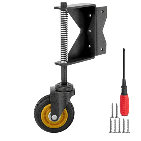 Front view of 4 Inch Gate Wheel With Spring Loaded Absorbing Solid Rubber Tire For Wooden Fence Gates 260 Lbs Capacity No Tools Needed For Quick Mount Includes Screws And Screwdriver Black Left Orientation.