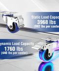 Heavy Duty 3 Inch Swivel Caster Wheels Set Of 4 showing load capacity ratings of 3968 lbs static and 1760 lbs dynamic.