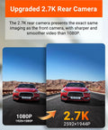 Comparison of car images showing 1080P and 2.7K resolution featuring Dual Front And Rear Dash Cam With 2.7K Plus 2.7K Recording.