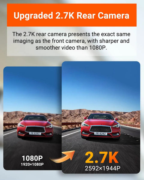 Comparison of car images showing 1080P and 2.7K resolution featuring Dual Front And Rear Dash Cam With 2.7K Plus 2.7K Recording.