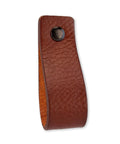 Leather Drawer Pulls 48 Pack Cognac Color 6.5 X 1 Inch Leather Handles for Dresser Cabinets close-up of single pull with screw hole