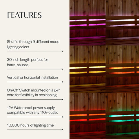 30 Inch RGB Color Changing Sauna Light Bar Kit For Traditional And Infrared Saunas That Mounts On Bench Or Wall With Waterproof Power Supply And 10000 Hours Of Lighting Plus Easy Install And Built To Last, featuring multiple color changes.
