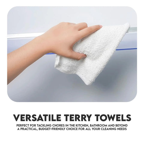 Hand using 60 Pack White Cotton Terry Bar Mop Towels, 14X17 Inches, Super Absorbent Cleaning Rags for versatile cleaning