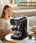 Straight Out The Coffeehouse, Espresso Maker With Auto Milk Frother And Touchscreen Controls preparing espresso on a table.