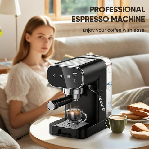 Straight Out The Coffeehouse, Espresso Maker With Auto Milk Frother And Touchscreen Controls preparing espresso on a table.