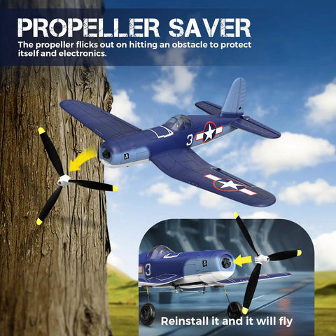 Corsair F4U 4 Channel RC Airplane With XPilot Stabilization flying near tree showcasing propeller saver feature.