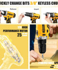 Image showing the 166 Piece General Home Repair Tool Set With Cordless 12V Drill Battery And Charger In Portable Tool Box, featuring drill usage steps, motor details, and adjustable speeds.