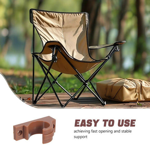 Heavy Duty Folding Furniture Retainer Clip Buckle For Garden Stool And Picnic Table Secure Locking Clip For Three Quarter Inch Seven Eighths Inch And One Inch Tube Diameters To Keep Your Outdoor Chairs From Spreading And Wobbling next to a beige camping chair on a wooden deck