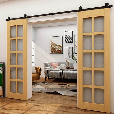 Heavy Duty Sliding Barn Door Rail Hardware Kit For Bypass Single Track For Double Doors Built Tough And Quiet Easy To Install 6mm Thick Carbon Steel Sliders With Ultra Smooth Glide Ideal For Tight Spaces, installed in modern living room with wooden frame double doors.