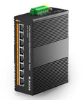 Industrial Din Rail 8 Port Poe Gigabit Ethernet Switch in rugged aluminum casing, with 8 ports and green terminals.