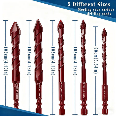 Front view of 5 red Larouoba crooked-head eccentric drill bits, 3/16–1/2 in, for tile, concrete, glass.