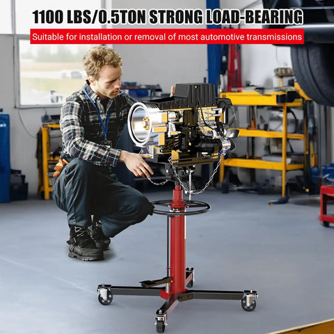 Heavy Duty 1100 Lbs Hydraulic Transmission Jack With 2 Stage Telescoping Arm And Massive Load Support For Smooth Engine Swaps On Any Car Or Light Truck In Your Home Garage Shop Today! in use for engine installation.