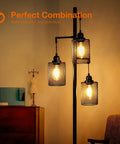LED Industrial Floor Lamp With Three Cage Heads And Edison Bulbs, Tall Vintage Tree Style Lighting For Living Room, Bedroom, Or Office, Rustic Farmhouse Black Finish That Slaps