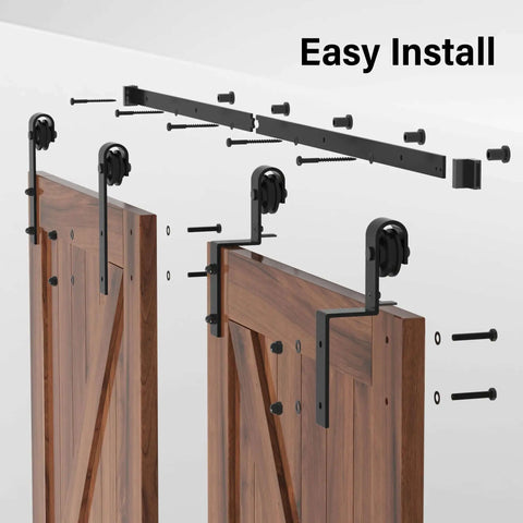 Exploded view of Heavy Duty Bypass Barn Door Hardware Kit For Double Doors, 6 Ft Single Track System with antique rollers.