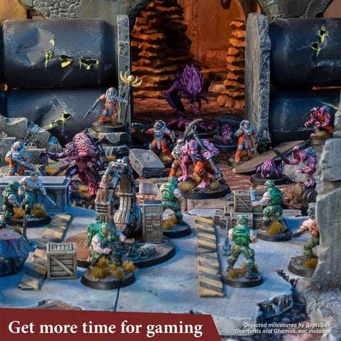 Fantasy tabletop miniatures in action-packed dungeon scene with Speedpaint Plasmatic Bolt 2.0 acrylic paint effects.