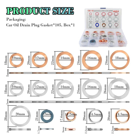 105Piece Car Oil Drain Plug Gasket Set With M10 To M20 Crush Washers 15 Specifications shown in open case with details