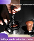 Stainless Steel Espresso Wdt Tool Needle Coffee Distributor With Rugged Stand Base breaks clumps, manual tool in use with coffee grounds.