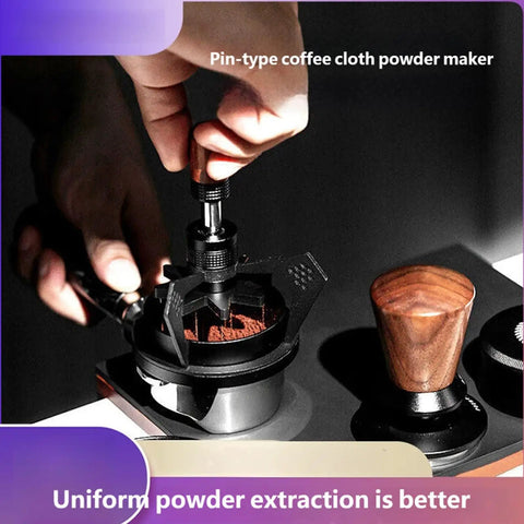 Stainless Steel Espresso Wdt Tool Needle Coffee Distributor With Rugged Stand Base breaks clumps, manual tool in use with coffee grounds.