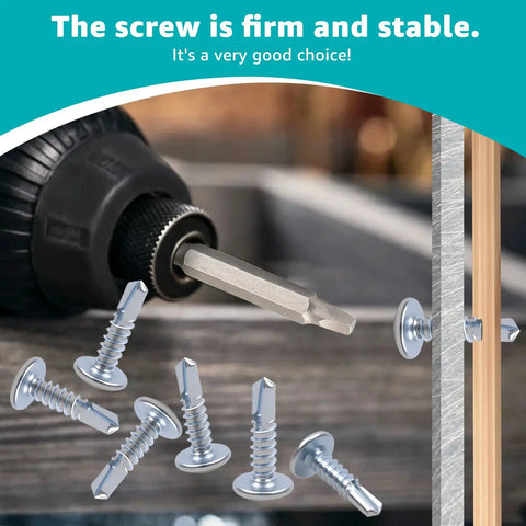 10 X 3/4 Inch Self Tapping Sheet Metal Screws For Enclosed Trailers, shown with a drill and secure fastening display.