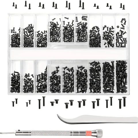 Sweet Micro Repair Screw Set For Watches And Glasses With Precision Screwdriver and organized assortment of black fasteners.