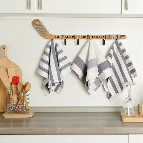 Top Shelf Hockey Stick Coat Rack Featuring Six Rock Solid Hooks Ideal For Dropping Your Jackets Hats And Gear Quick Wall Mounted Storage Piece That Saves Floor Space And Keeps Your Entryway Clean with striped towels.