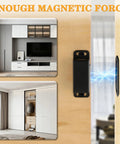 Stainless Steel Black Magnetic Cabinet Door Catch Set 4 Pack Magnetic Door Latches For Cabinets Closets Cupboards Drawers And Kitchen Rust Resistant Easy Install Sturdy Strong Hold No Frills shown installed on a wooden cabinet door with visible magnetic force.