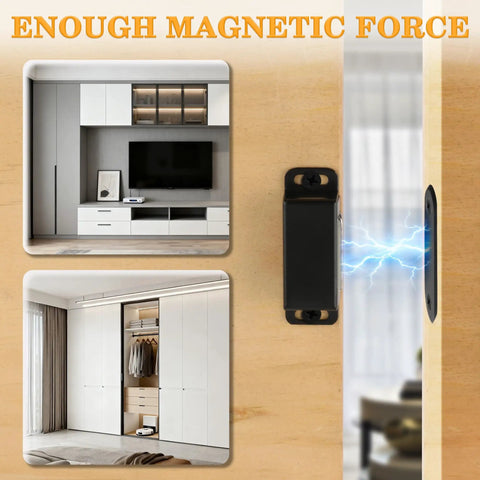 Stainless Steel Black Magnetic Cabinet Door Catch Set 4 Pack Magnetic Door Latches For Cabinets Closets Cupboards Drawers And Kitchen Rust Resistant Easy Install Sturdy Strong Hold No Frills shown installed on a wooden cabinet door with visible magnetic force.