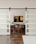 Double Barn Door Set 42 Inch By 84 Inch Frosted Glass Panels With Five Lattice Grids DIY Interior Doors For Home Space Saving