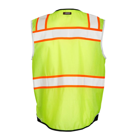 Mens High Visibility Reflective Safety Vest Premium Black Bottom Zipper Ansi Class 2 Construction Utility Workwear Lime Green Large back view with reflective stripes