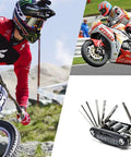 16 In 1 Motorcycle And Bicycle Repair Tool Kit with multi function hex wrenches, screwdrivers shown with bicycle and motorcycle riders