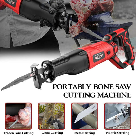 Beast 3800W Handheld Electric Saw cutting meat with interchangeable blade and rustproof aluminum frame.