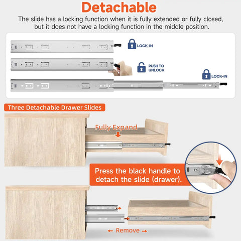 Heavy Duty Locking Drawer Slides Built Tough With Rock Solid Full Extension Ball Bearing Track, showing detachment feature and fully expanded position.