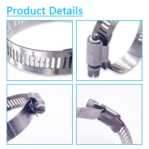 Close-up of 24 Piece Stainless Steel Hose Clamps Kit For Auto And Plumbing, showcasing adjustable worm gear mechanism.