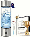 Portable 460ml Hydrogen Water Bottle Generator With Advanced SPE PEM Tech Rechargeable Ionizer and awards display.