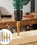 Image of Six Piece Step Drill Bit Set Titanium Coated High Speed Steel Drill Bits for wood, plastic, aluminum, and thin metal sheets.