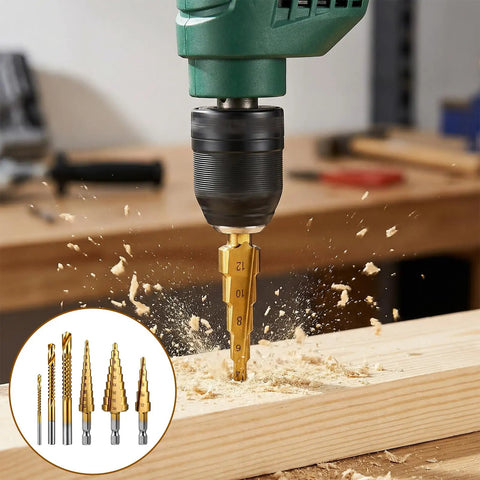 Image of Six Piece Step Drill Bit Set Titanium Coated High Speed Steel Drill Bits for wood, plastic, aluminum, and thin metal sheets.