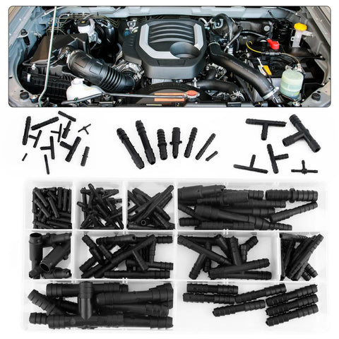113-piece automotive vacuum connector set with black plastic hose fittings in a partitioned storage box (12 sizes)