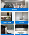 Ultra Thin Under Cabinet LED Lights With Motion Sensor Plug In Indoor 16 Inch 500 Lumen 12V Super Bright No Fuss Cool White 6000K for kitchen closet hallway toilet garage magnetic mount easy install displayed in various settings; wardrobe, under cabinet, corridor, entryway, and toilet.