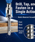 Close-up of 450 Piece Self Tapping And Self Drilling Screws Set In 410 Stainless Steel Hex Washer Head Kit in multi-material stack.