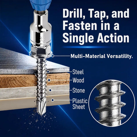 Close-up of 450 Piece Self Tapping And Self Drilling Screws Set In 410 Stainless Steel Hex Washer Head Kit in multi-material stack.