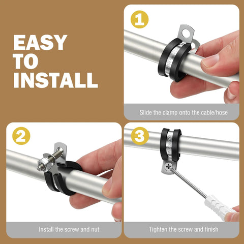 Easy installation steps for Heavy Duty Cable Clamps Kit, 100 Piece Set in Ten Sizes for Pipe, Hose, and Wire Management