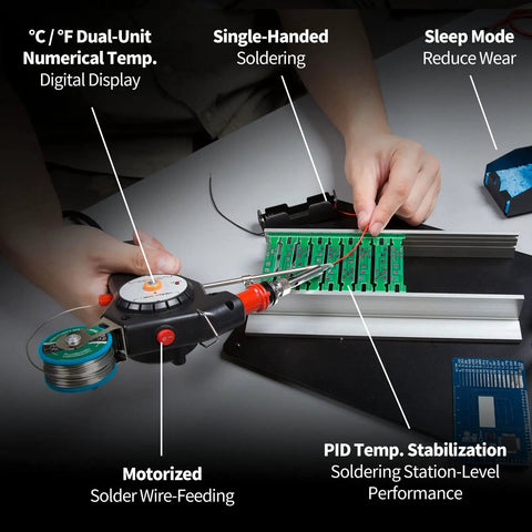 Person using Pro Grade Motorized Automatic Feed Soldering Gun With Variable Temperature 392 To 842 Fahrenheit For One-Handed Soldering