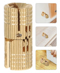Smooth Operator Brass Concealed Barrel Hinges Six Piece Kit showcasing brass hinge detail, 27x12x12 mm, ideal for tiny cabinetry and jewelry boxes.