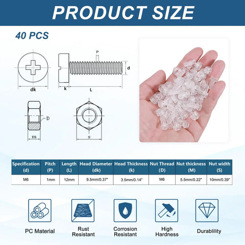 Clear Acrylic Screws And Hex Nuts Kit 40 Piece M6 12mm, transparent PC, shown in hand and diagram with specifications.